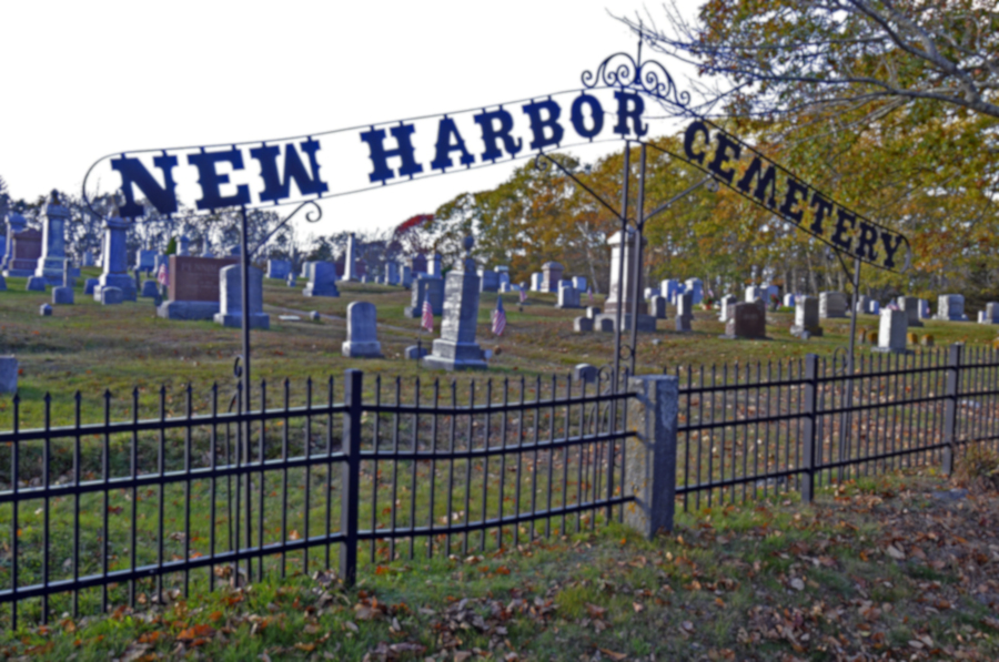 New Harbor Cemetery sign.