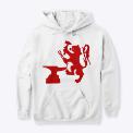 White hoodie with red Scottish Lion logo. 